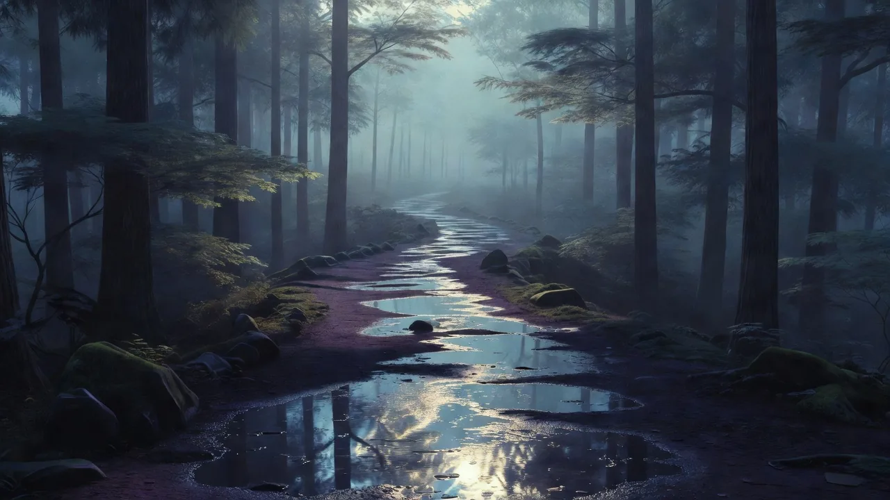 Forest path reflective puddles