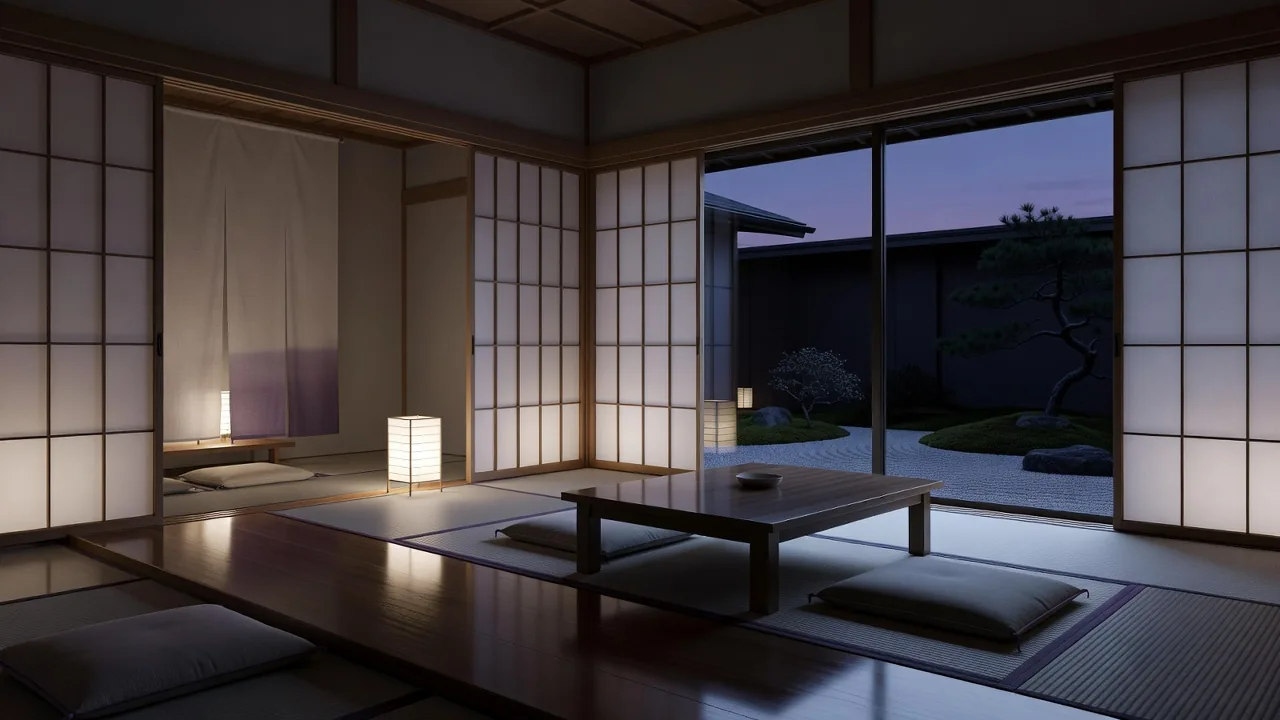 Minimalist tea room dusk light